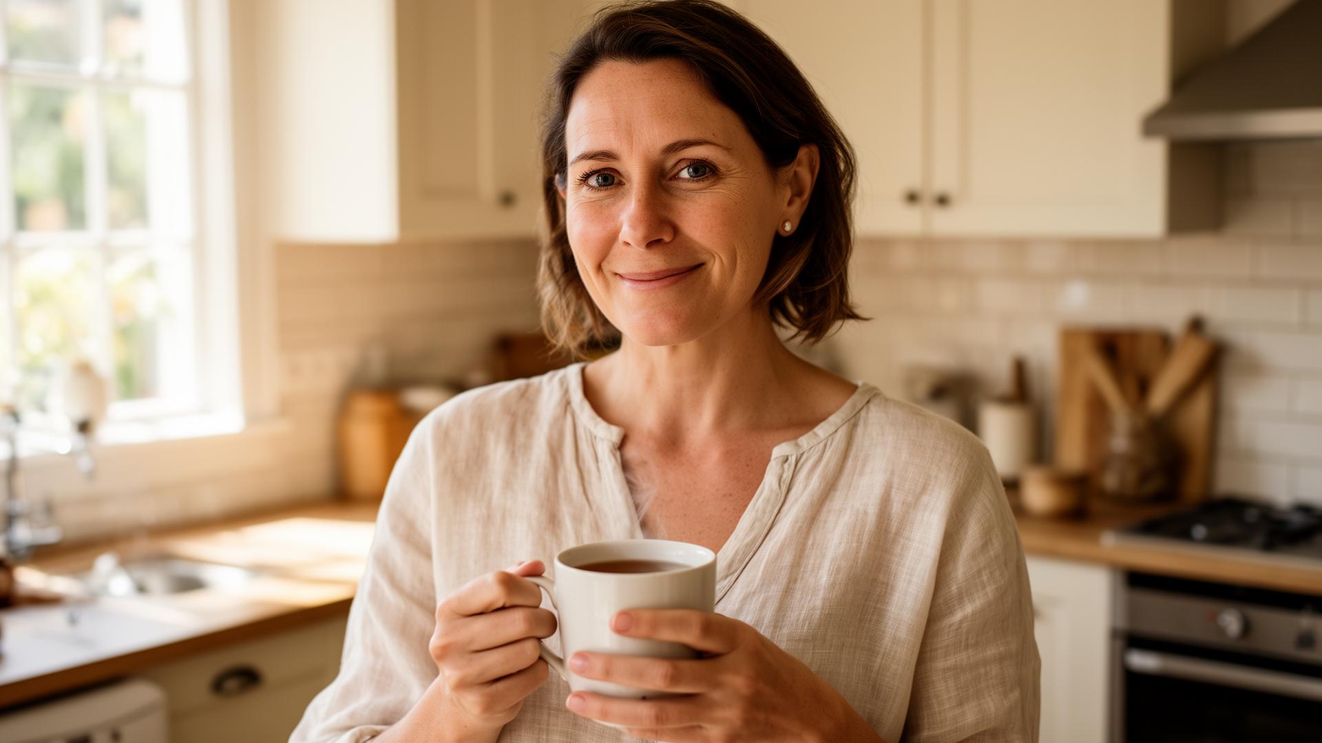 A woman in her early forties smiling gently in a sunlit kitchen, holding a mug of tea.